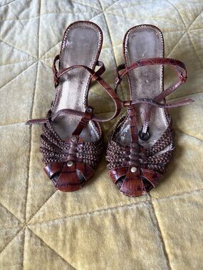 Nine West Braided Leather Open-Toe Heels in Brown